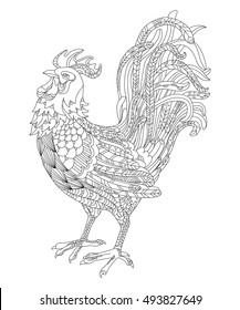 black and white vector illustration of a rooster.  coloring Page for adults,