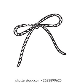 Black and white vector illustration of a rope bow knot, isolated on white background. Perfect for packaging design, tags, labels, scrapbooking, gift wrapping, invitations, and vintage decor.
