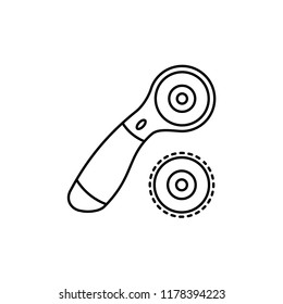 Black & white vector illustration of rotary cutter & blade. Line icon of quilting instrument. Patchwork tool for quilters to cut fabric. Isolated object on white background. 