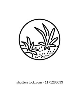 Black & white vector illustration of round terrarium with plants & stones. Decorative succulent home plants in glass container. Line icon. Isolated object on white background.