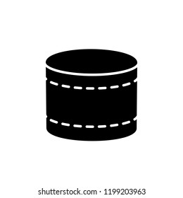 Black & white vector illustration of round fabric ottoman. Flat icon of accent coffee table. Modern upholstered seat. Living room, bedroom & patio furniture. Isolated object on white background. 