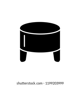 Black & white vector illustration of round leather ottoman, pouf. Flat icon of accent stool or chair. Modern upholstered seat. Living room, bedroom & patio furniture. Isolated on white background