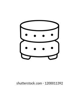 Black & white vector illustration of round leather ottoman, pouf. Line icon of accent coffee table. Modern upholstered seat. Living room, bedroom & patio furniture. Isolated object on white background