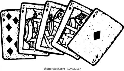 Black and white vector illustration of royal flush poker hand
