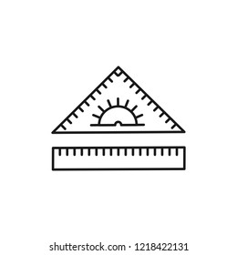 Black & white vector illustration of ruler, triangle with protractor. Line icon of instrument for school math, geometry. Technical & mechanical drawing tool. Isolated object on white background
