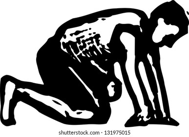Black and white vector illustration of runner starting race