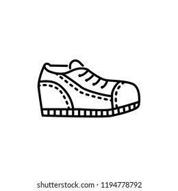 Black & white vector illustration of running shoes with laces. Men’s sport shoes. Line icon of male footwear. Isolated object on white background. 