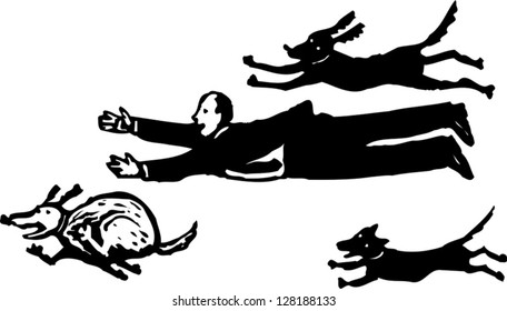 Black and white vector illustration of a running race with a businessman and dogs