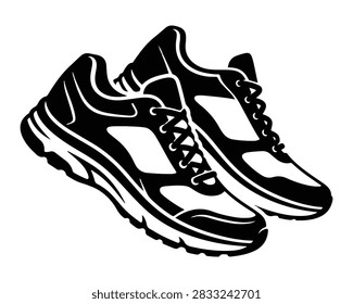 Black and white vector illustration of running shoes for sports and fitness with athletic shoes sneakers footwear aerobics clothing training