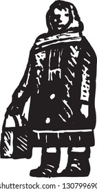 Black and white vector illustration of Russian senior woman