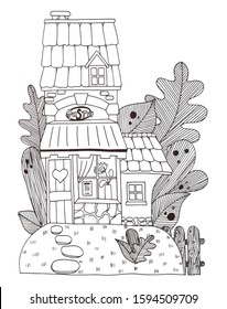 Black and white vector illustration of a rustic house. Cute house, illustration for coloring books, magnet and other souvenirs.