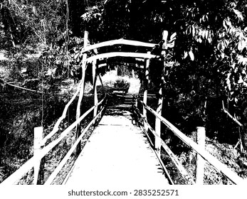 Black and white vector illustration of a rustic wooden bridge pathway surrounded by trees.