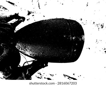 Black and white vector illustration of a rusty vintage bicycle headlight against an old weathered wall background. High contrast grunge stencil line art of antique bike lamp for retro design.