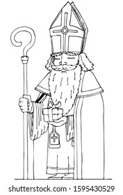 black and white vector illustration - Saint Nicholas with the Bishop's staff