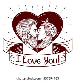 Black and white vector illustration for Saint Valentine's card. Vector image man kissing with woman. Young modern couple  inside heart with text "I love you" on ribbon