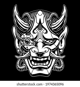 black and white vector illustration of a samurai mask in cyberpunk style with pipes and different mechanisms, this image can be used as an emblem or as a shirt print