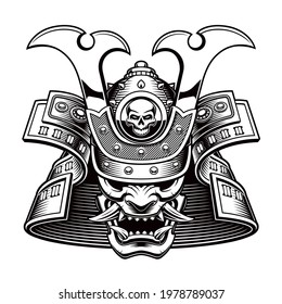 black and white vector illustration of a samurai mask on white background