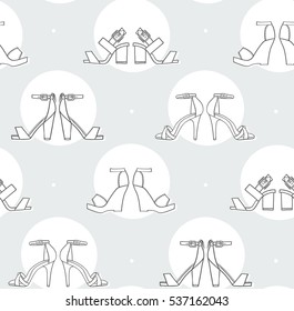 Black and white vector illustration with sandals pairs in white circles on grey background in seamless pattern design. Hand drawn texture good for fashion and footwear design creative and stylish.