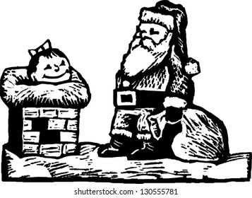 Black and white vector illustration of Santa Claus on roof