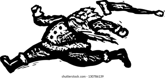 Black and white vector illustration of Santa Claus running
