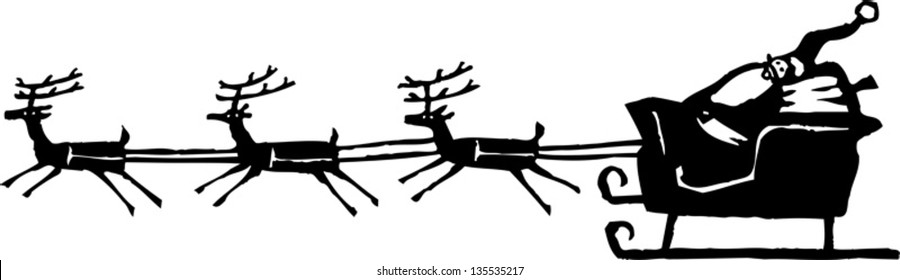 Black and white vector illustration of Santa Claus in Sleigh with Reindeer