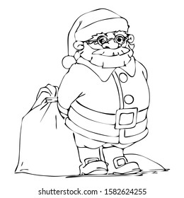 black and white vector illustration -- Santa Claus with a gift bag looking like a gnome