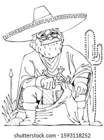 black and white vector illustration - Santa Claus in poncho and sombrero with bag of gift boxes in Mexican desert
