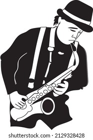 Ilustración vectorial en blanco y negro del jugador saxofón