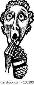 Black and white vector illustration of scared man eating popcorn at cinema