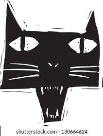 Black and white vector illustration of a scary cat