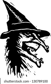 Black and white vector illustration of a scary witch