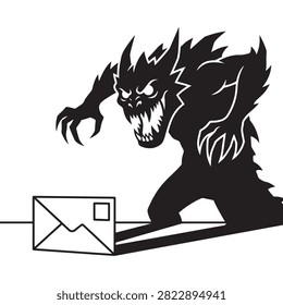 A black and white vector illustration of a scary monster or demon looming over a single envelope, representing spam, phishing, or dangerous email threats.