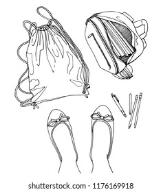 Black and white vector illustration of a school bag and feet in shoes. View from above.	