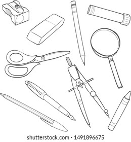 Black and White Vector Illustration of School and Drawing Supplies