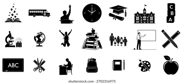 Ilustração vetorial em preto e branco de ícones relacionados à escola e à educação