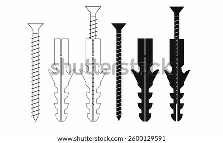 Black and white vector illustration of screws and wall plugs. Ideal for construction, hardware, engineering, technical drawings, and DIY projects.