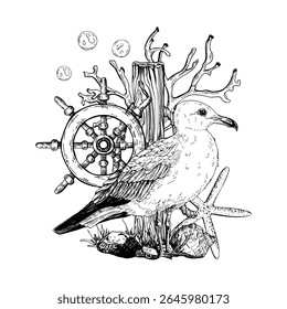 Black and white vector illustration. A seagull perched by a weathered post with a starfish, ship wheel, coral, and bubbles around it. Hand drawn composition. Sketch in line art style isolated on white