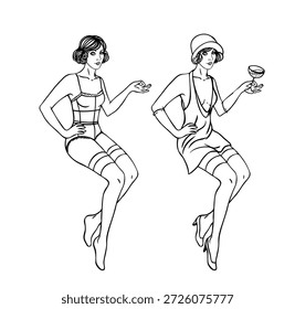 Ilustração de vetor preto e branco de uma menina flapper sentada no estilo de 1920, vestindo lingerie vintage. Elegante arte artística em linha apresentada em duas variações de design, inspirada em Art Deco