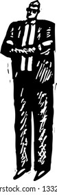 Black and white vector illustration of a secret service agent