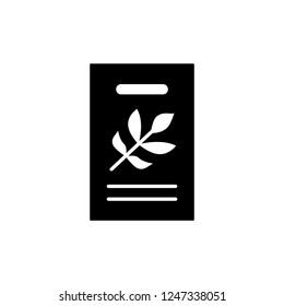 Black & white vector illustration of seed pack of green foliage houseplant. Flat icon of home plant seeds in paper packet with floral ornament from leaves. Isolated object on white background