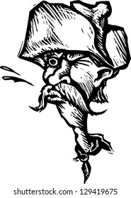 Black and white vector illustration of a senior cowboy spitting tobacco