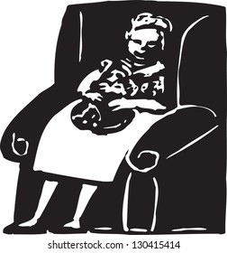 Black and white vector illustration of senior woman sitting in a chair and holding her cat