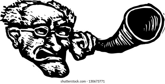 Ilustração de vetor preto e branco de homem sênior com aparelho auditivo