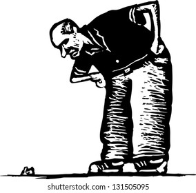 Black and white vector illustration of senior man bending over looking at dog poop