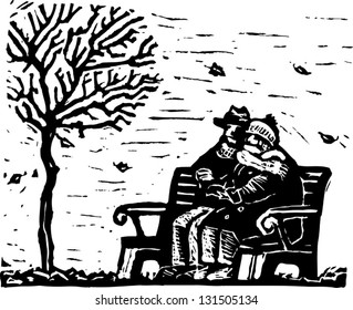 Black and white vector illustration of senior couple sitting on bench on a cold day