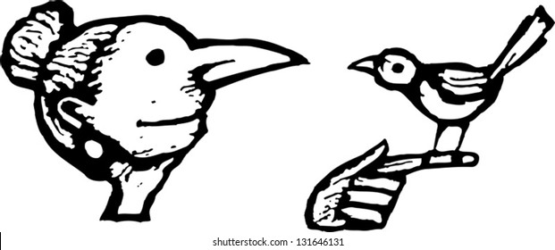 Black and white vector illustration of senior woman and bird
