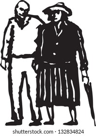 Black and white vector illustration of senior couple walking