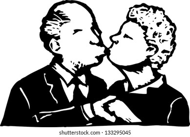 Black and white vector illustration of senior couple kissing