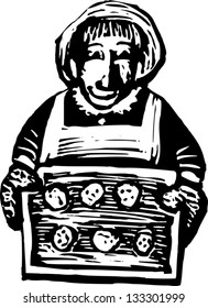 Black and white vector illustration of senior woman baking cookies