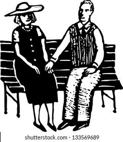 Black and white vector illustration of senior couple holding hands on bench in park